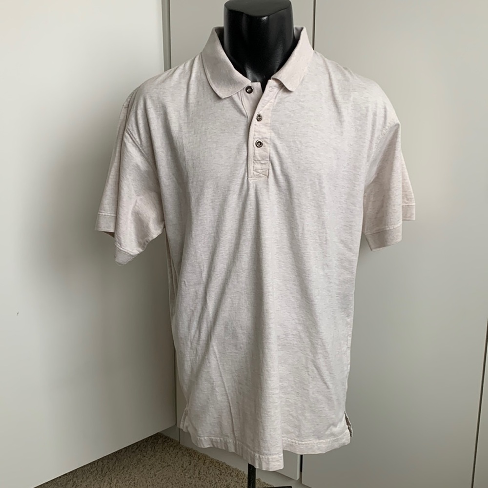 Eddie Bauer light gray polo shirt.